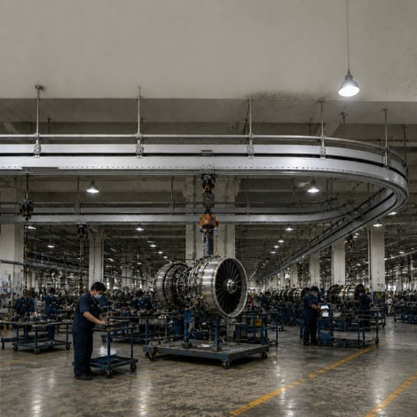 Custom‑made heavy‑duty aluminum straight & curved rails for aero‑engine workshop transfer